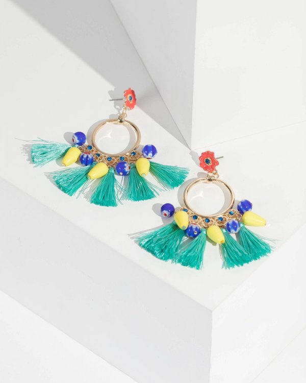 Multi Colour Ring Beaded Tassel Earrings