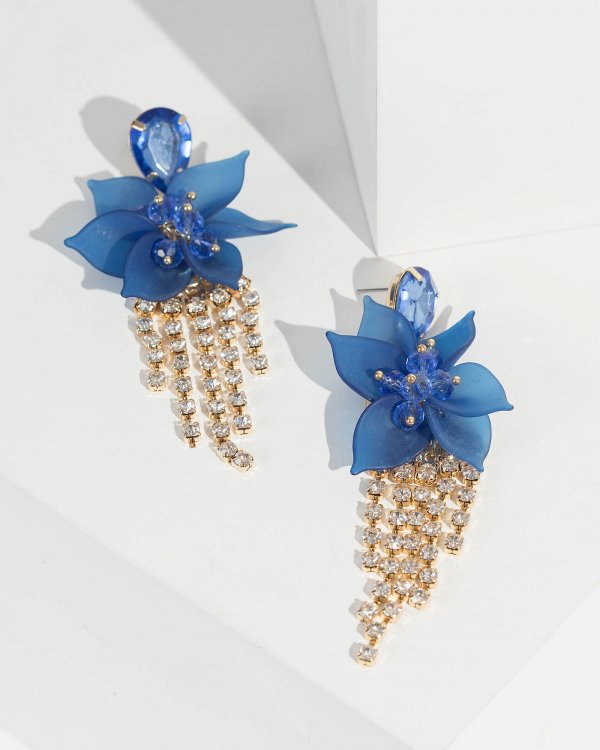 Blue Crystal And Flower Drop Earrings