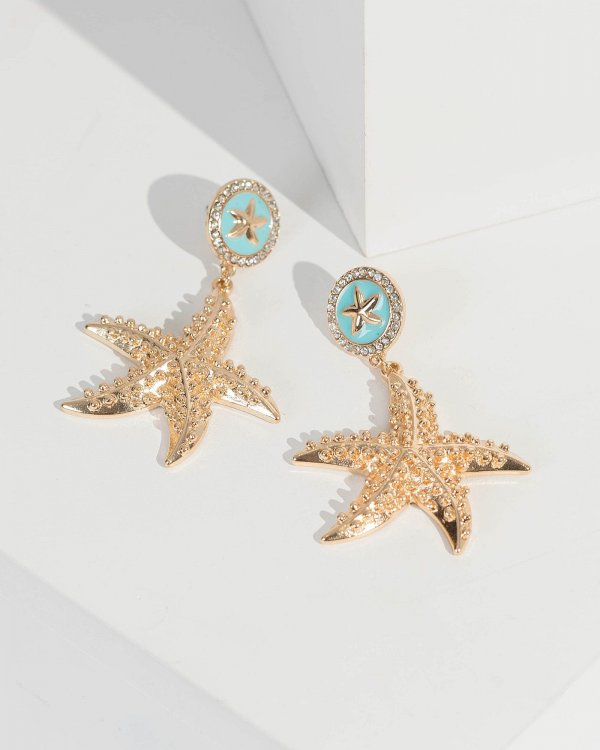 Gold Double Starfish Detail Drop Earrings