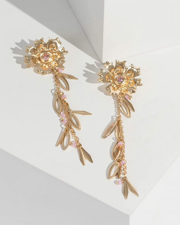 Gold Floral Leaf Tassel Drop Earrings