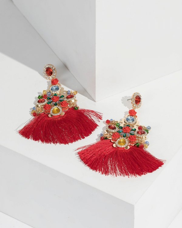 Multi Colour Crystal Cluster Tassel Earrings