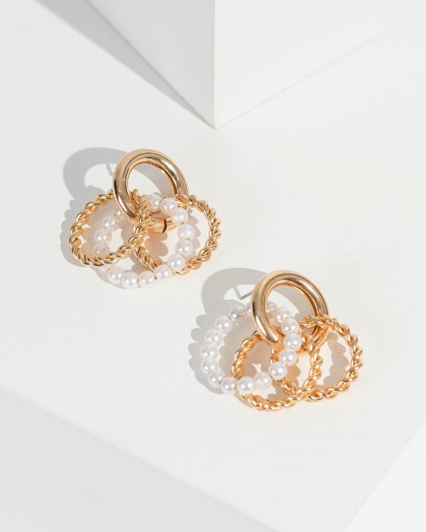 Gold Pearl And Metal Ring Drop Earrings