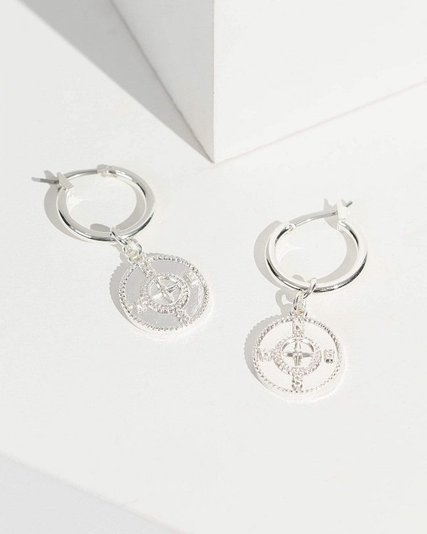 Silver Compass Huggie Hoop Earrings